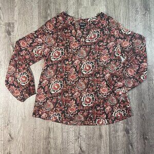 Lucky Brand Sheer Burgundy Red Pink Floral Hippy Festival Boho Peasant Top Sz L